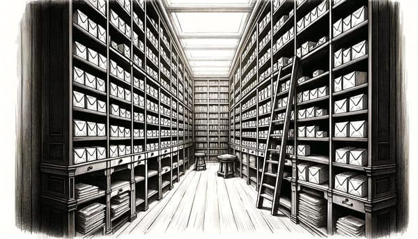 Bibliothèque ancienne où des enveloppes symbolisant des e-mails remplacent les livres sur les étagères